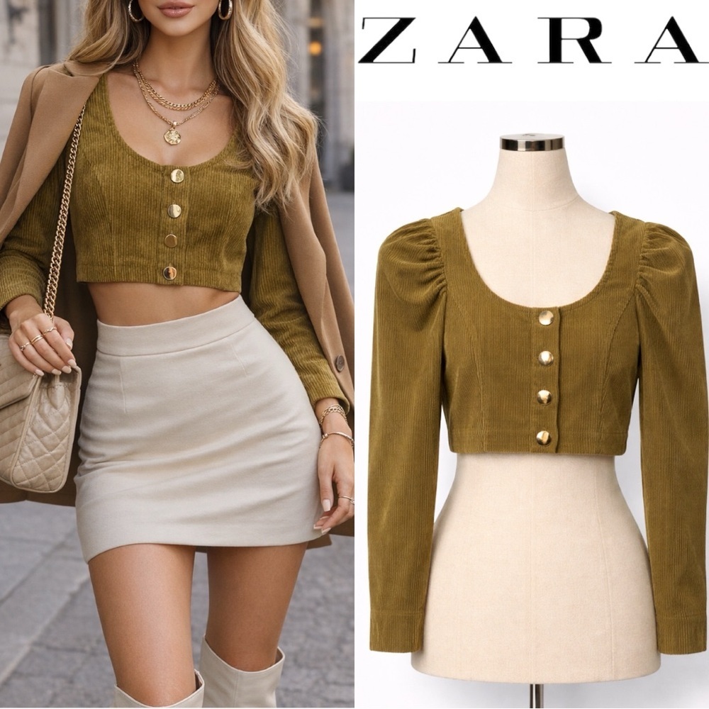 ZARA | NWOT Indonesia Olive Green Tone Corduroy Ribbed Button Crop Top (size XS)